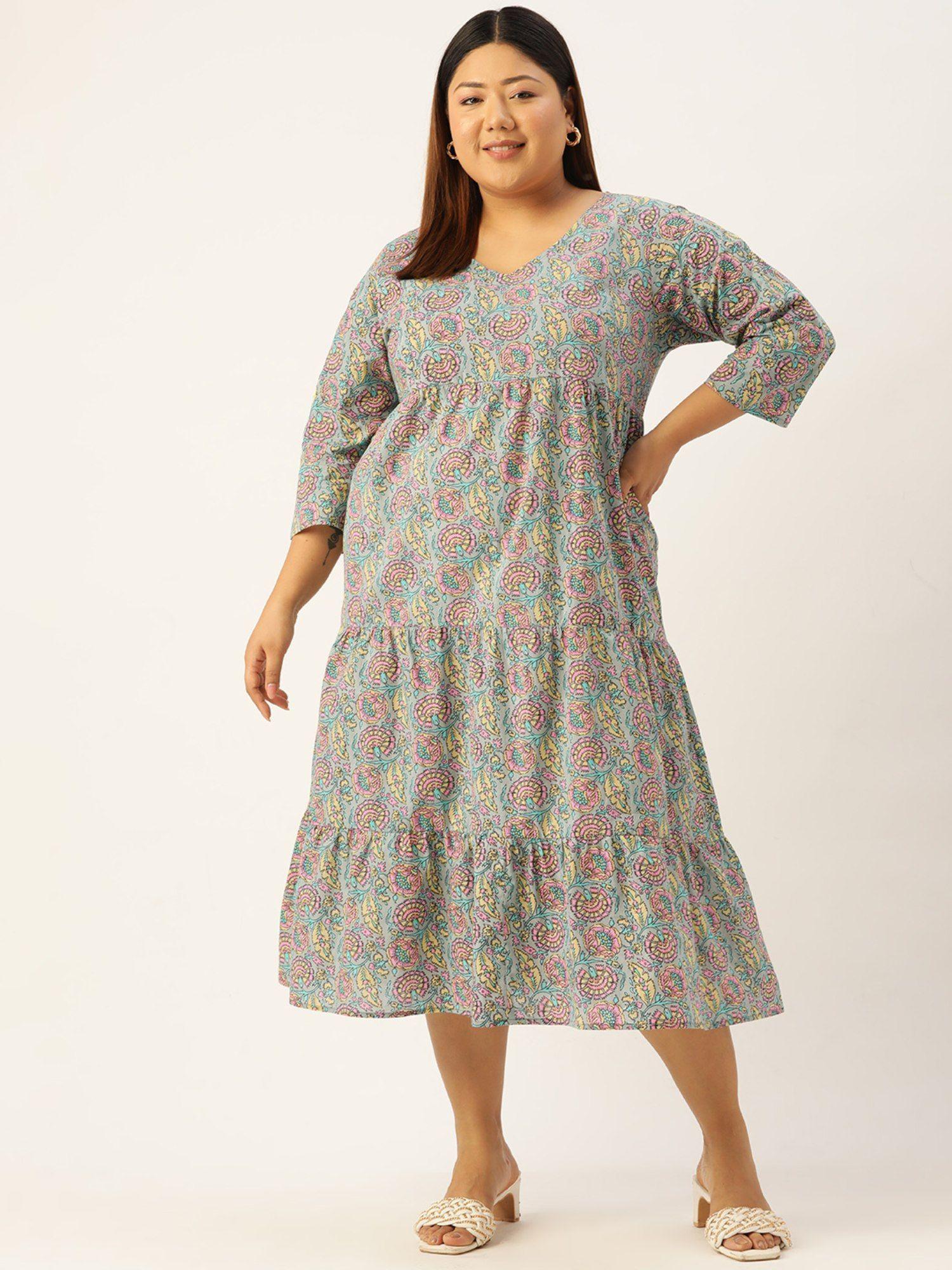 plus size womens grey floral printed a-line cotton dress