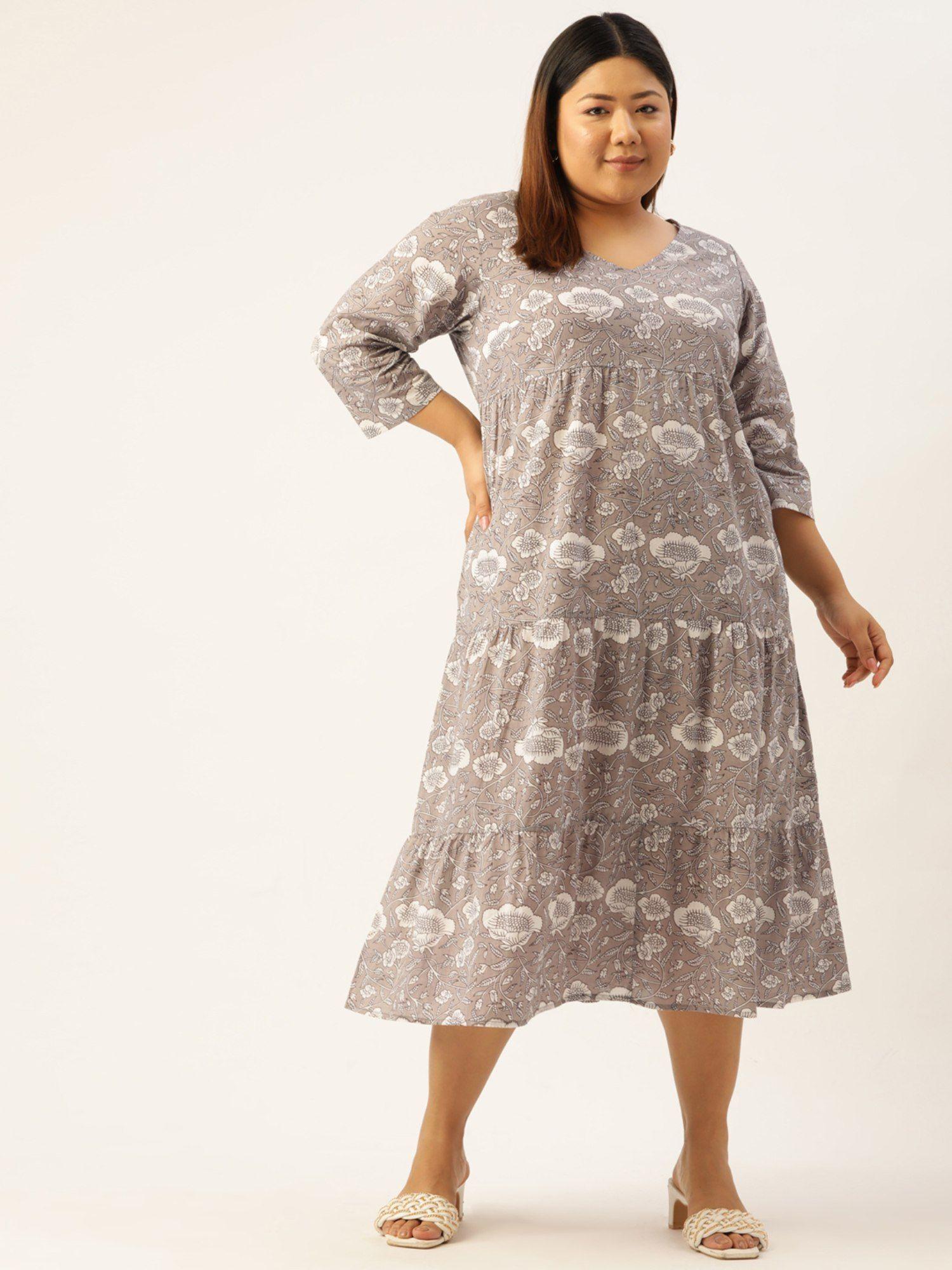 plus size womens grey monotone floral printed a-line cotton dress