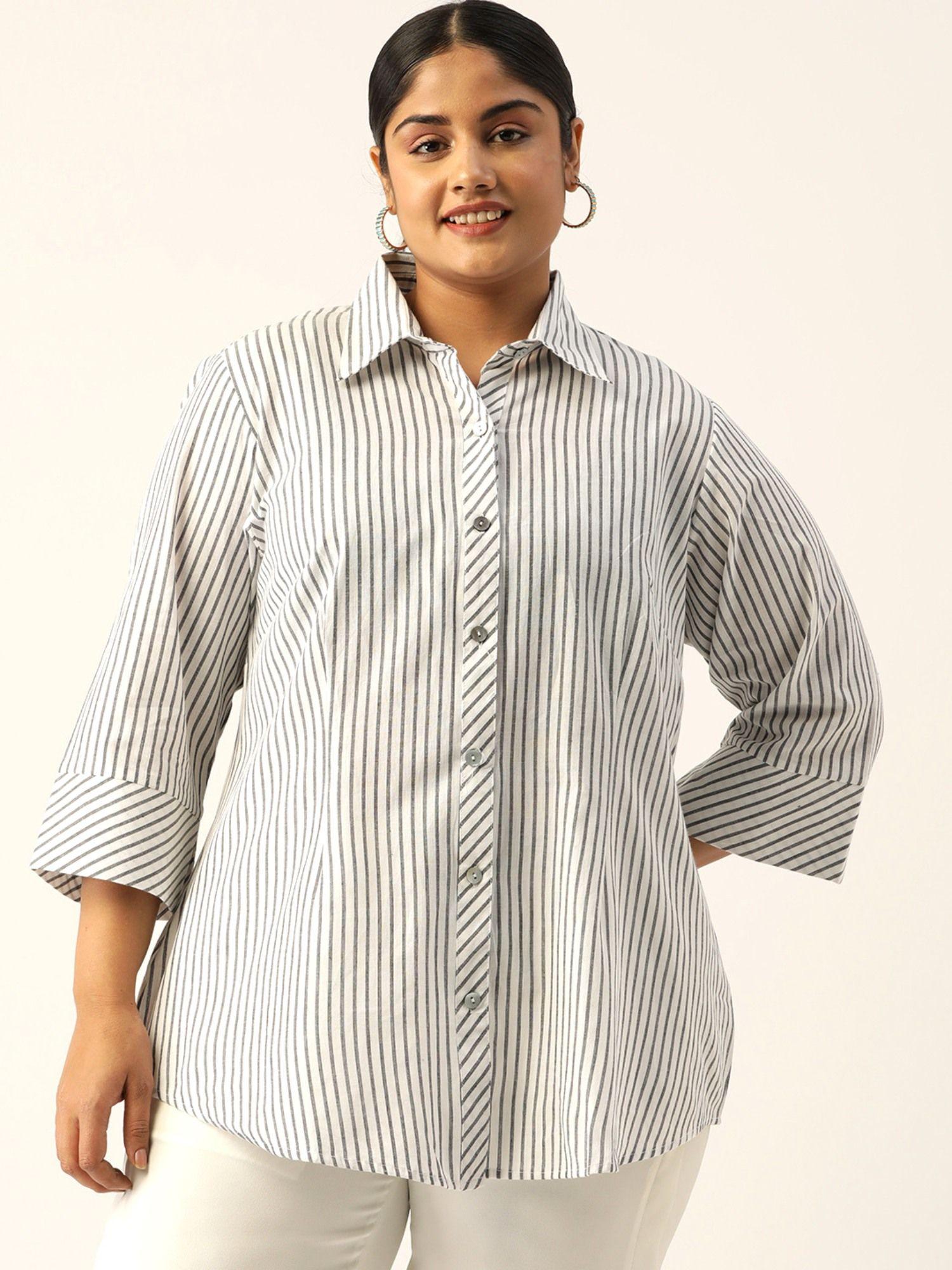 plus size womens grey striped printed cotton shirt