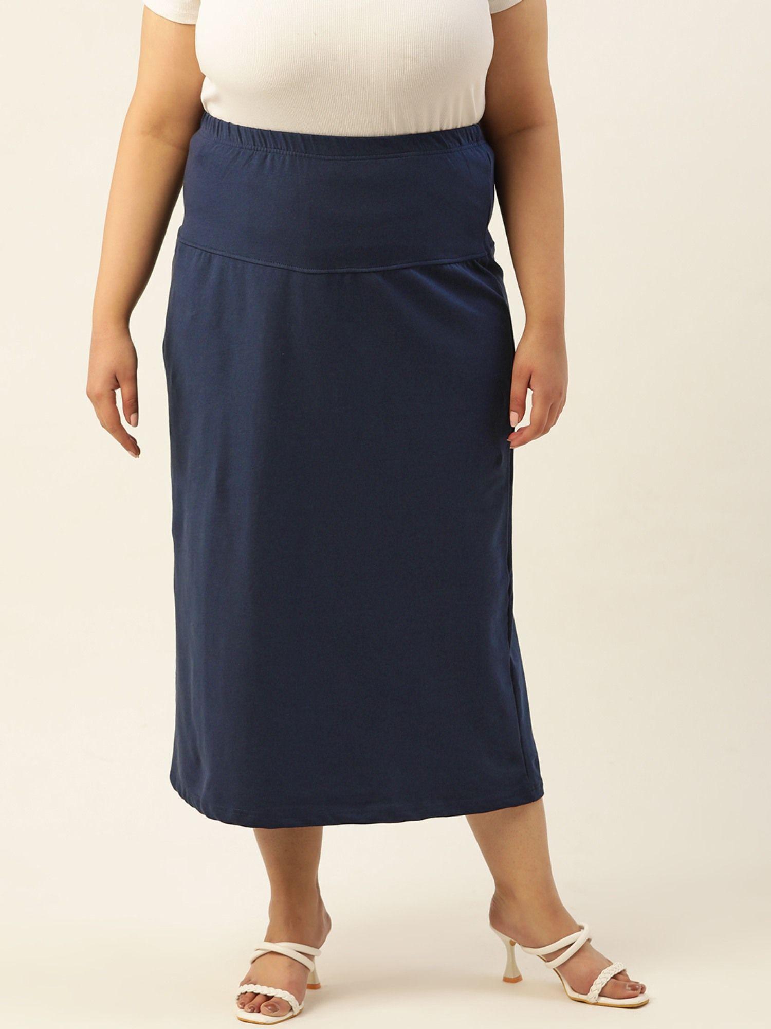 plus size womens navy blue solid color elastic waist midi skirt