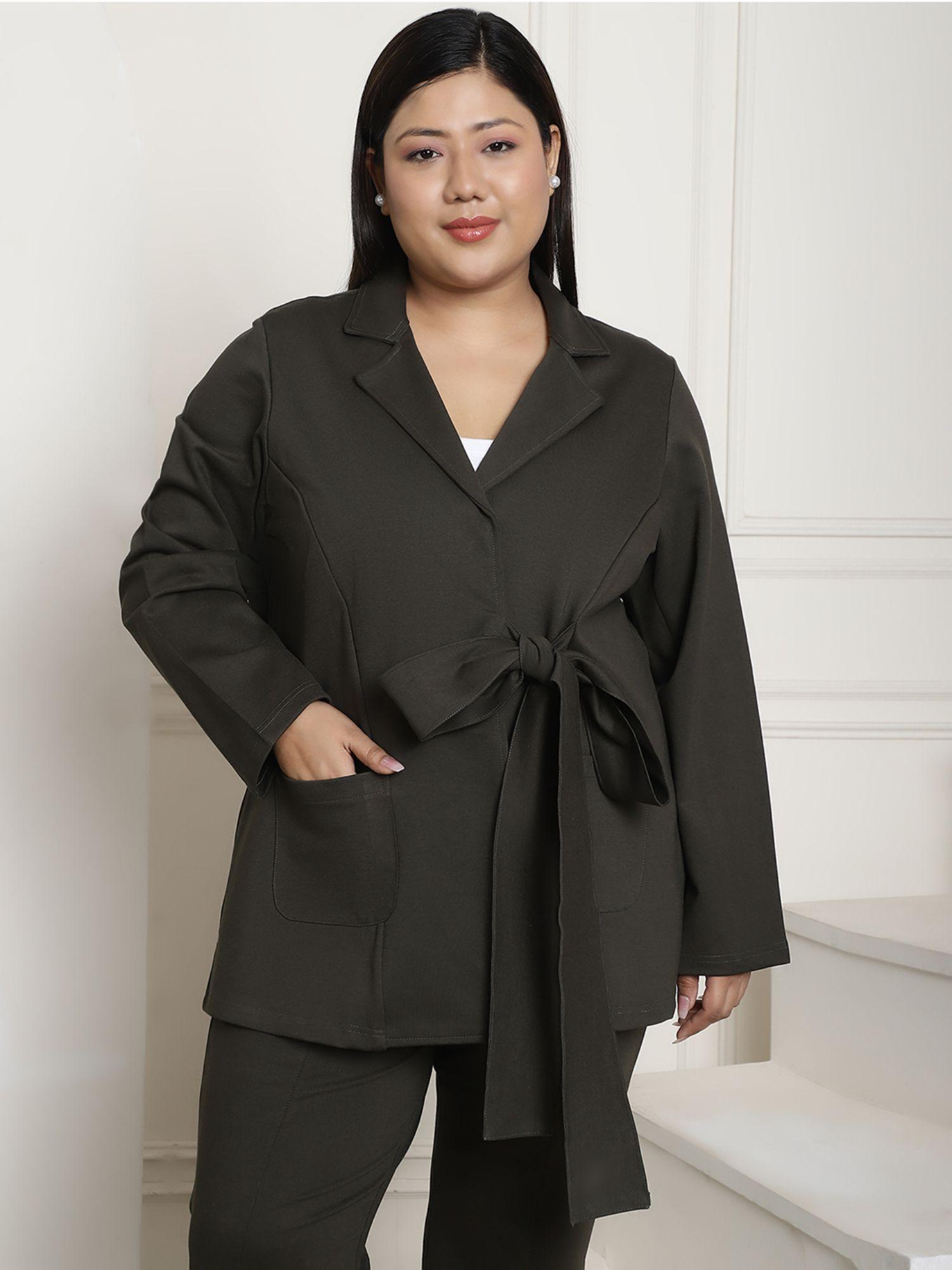 plus size womens olive solid color tie up tailored blazer