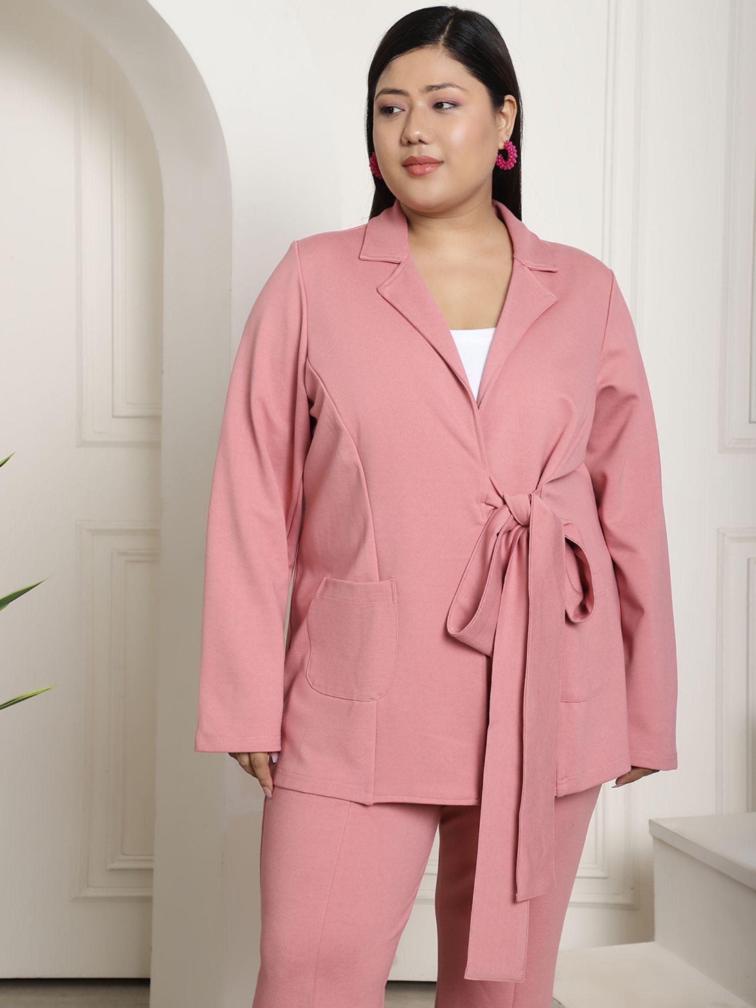 plus size womens pink solid color tie up tailored blazer