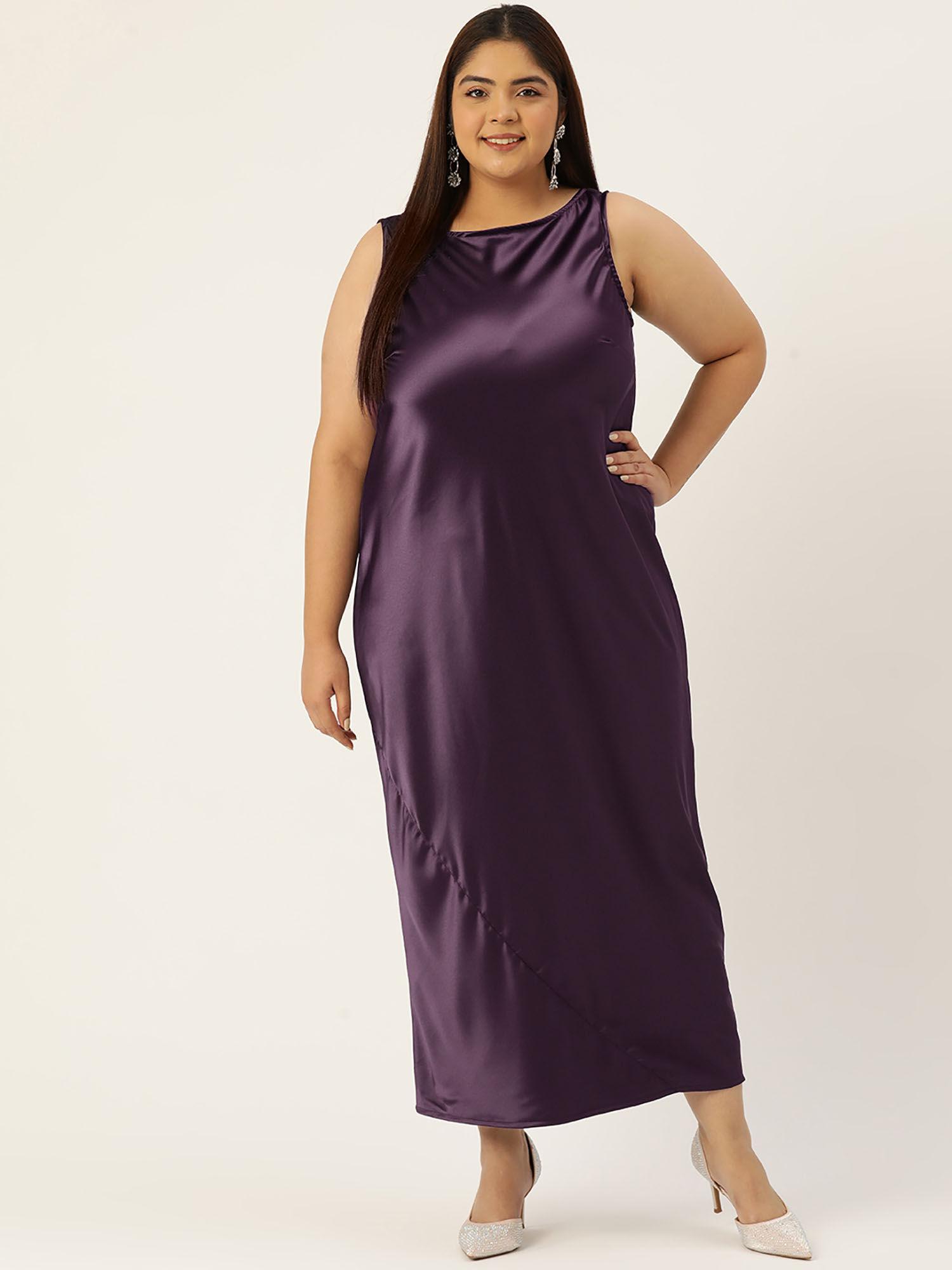 plus size womens purple solid color satin sleeveless maxi dress