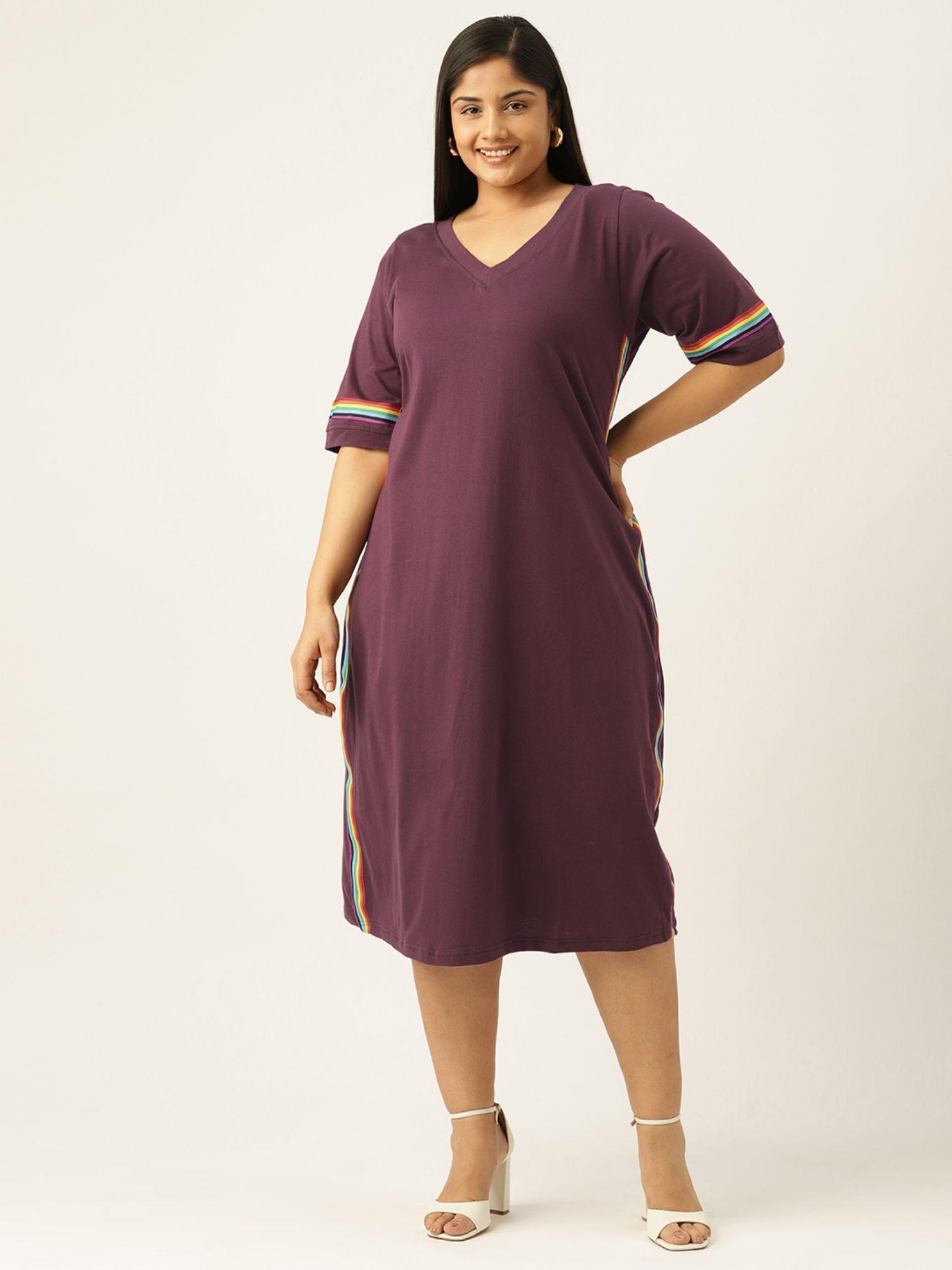 plus size womens purple solid cotton knitted a-line dress