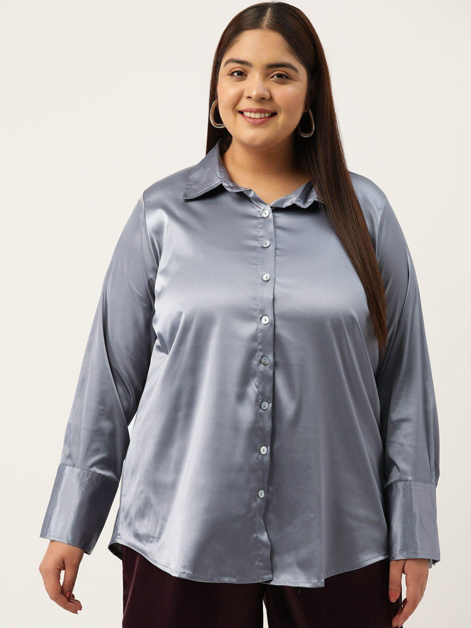 plus size womens silver solid color party wear satin shirt