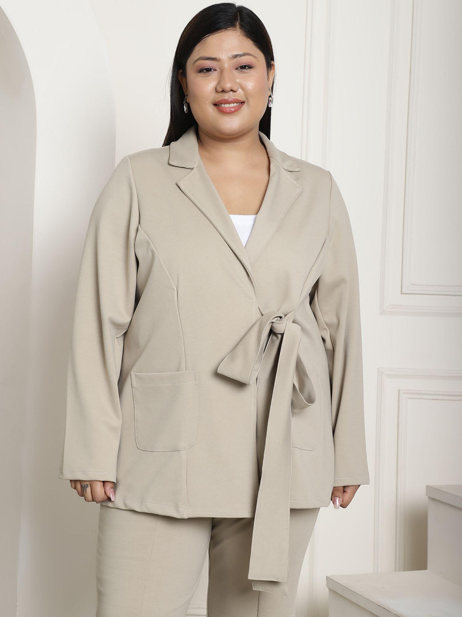 plus size womens stone solid color tie up tailored blazer