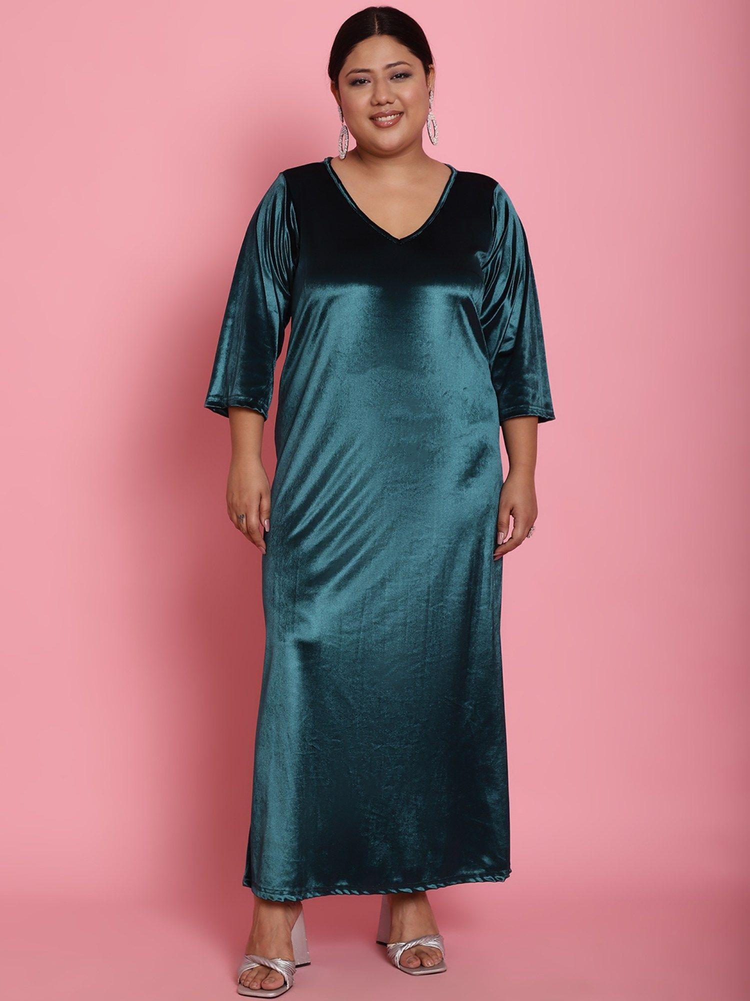 plus size womens teal solid color velvet a-line maxi dress