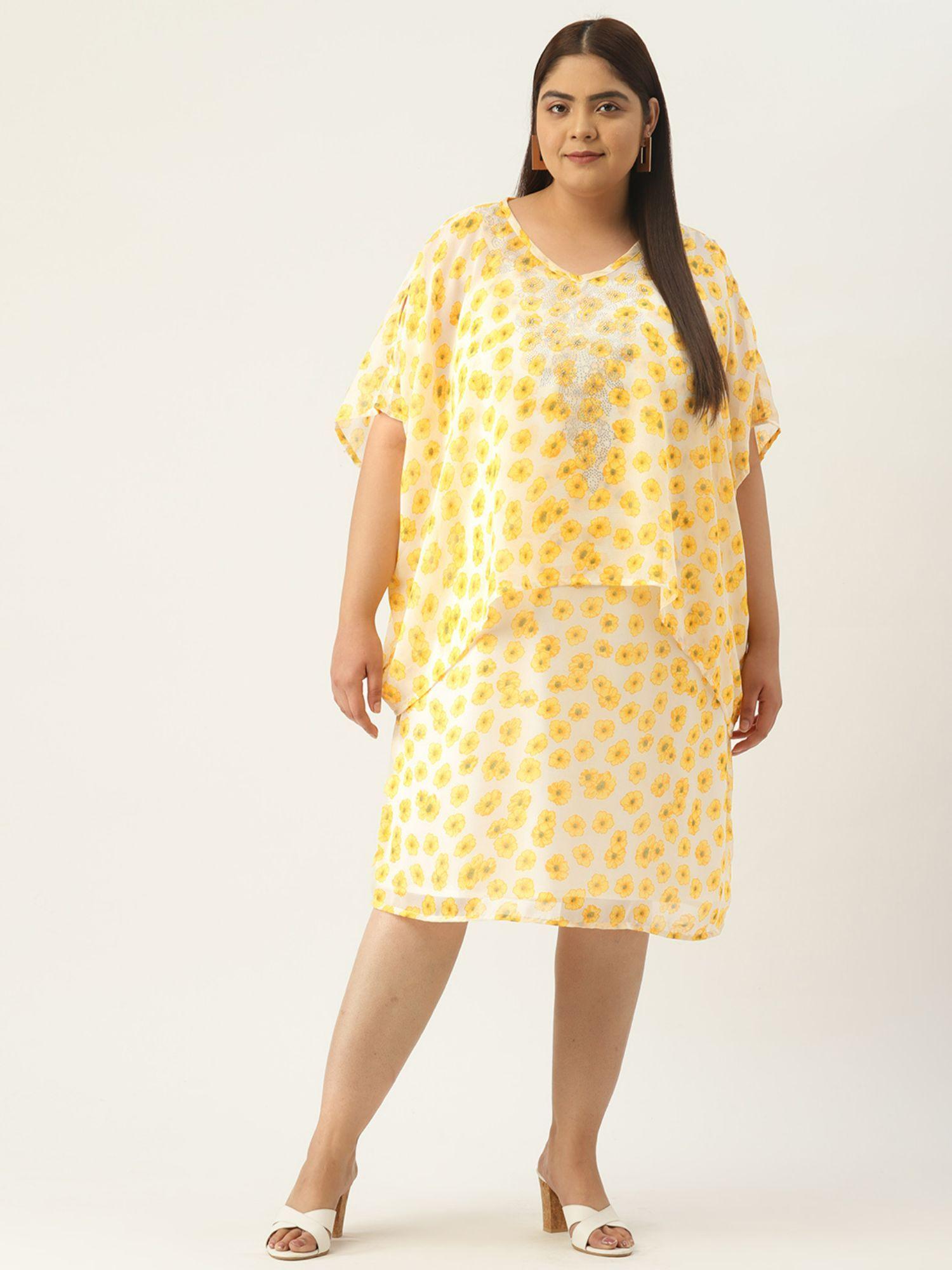 plus size yellow floral printed layered embellished party wear dress (set of 2)