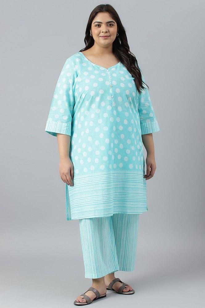 plus sie blue polka dots printed cotton kurta with narrow palaza