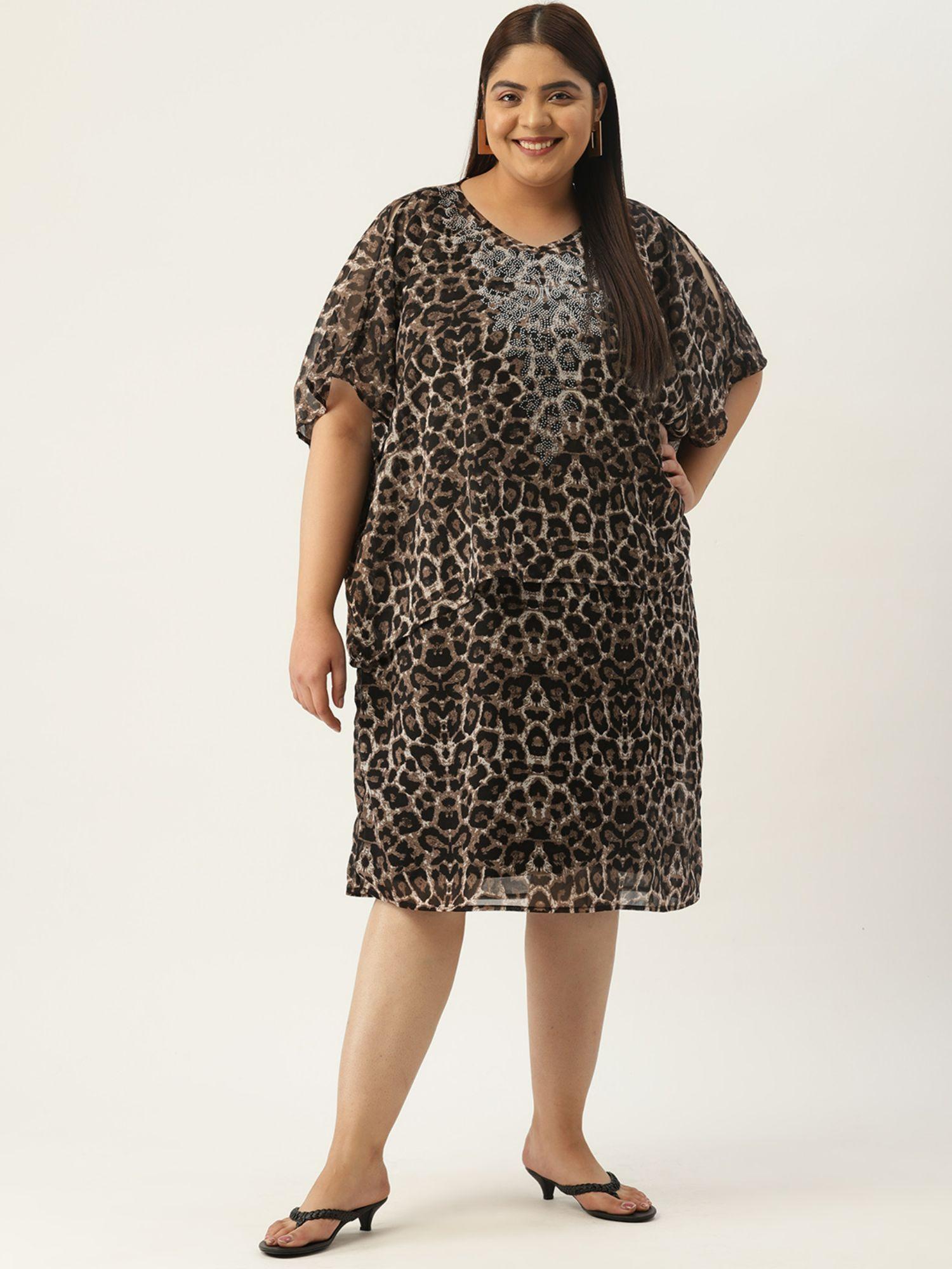 plus size animal printed layered embellished party wear dress (set of 2)