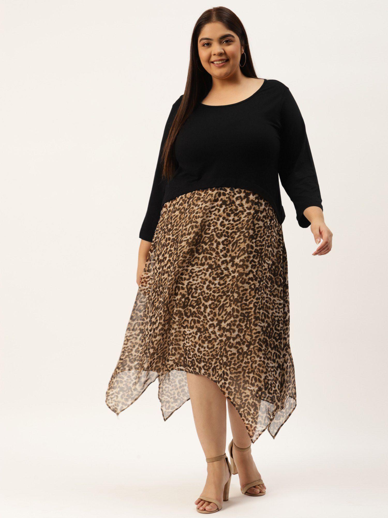 plus size black & coffee brown cheetah printed georgette a-line midi dress