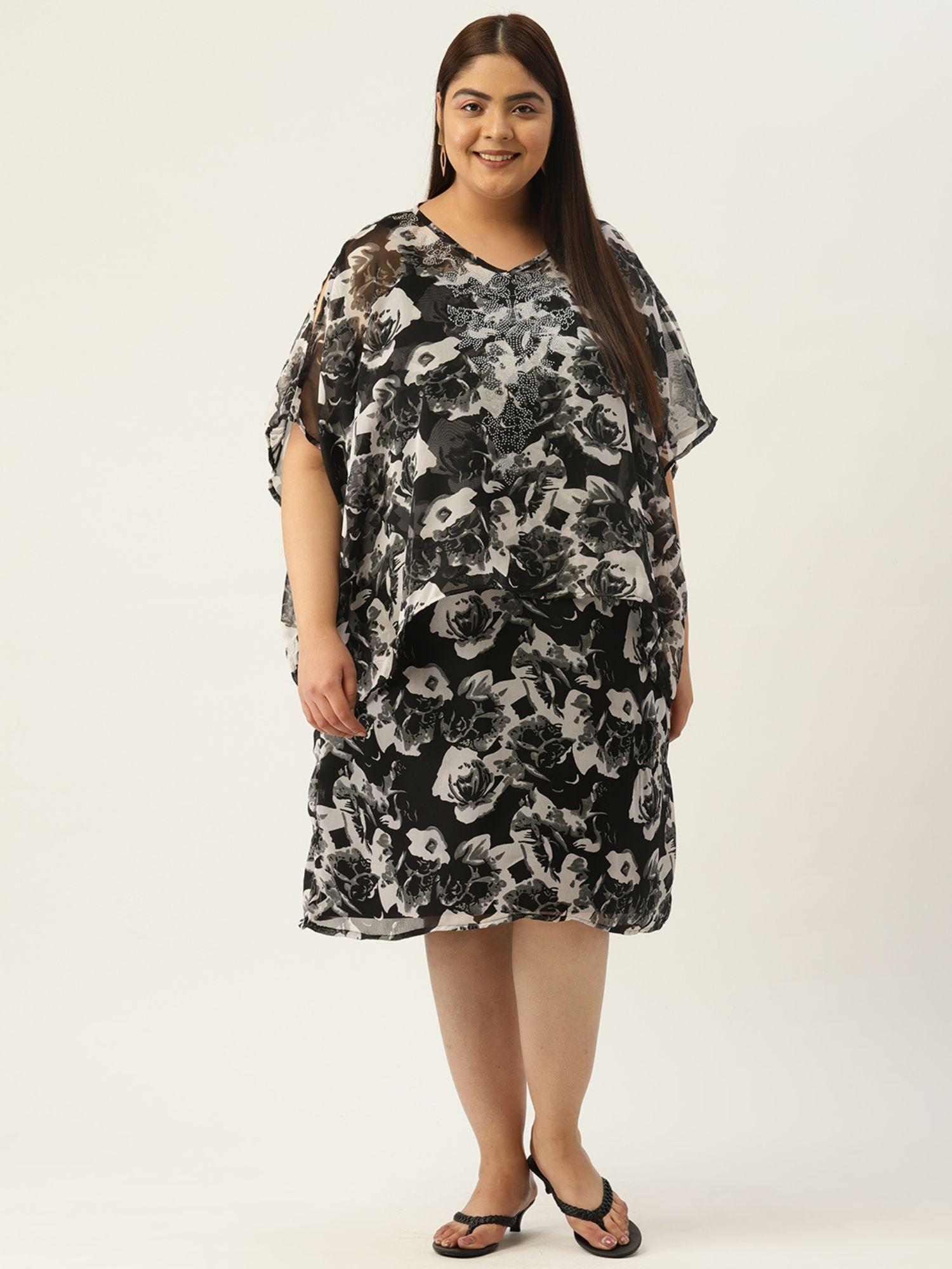 plus size black floral printed layered embellished party wear dress (set of 2)