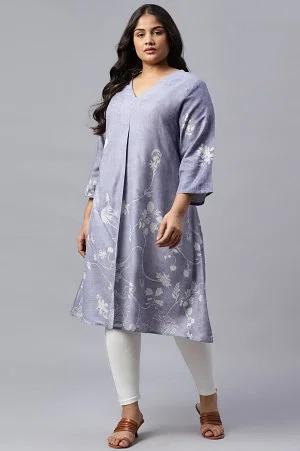 plus size blue floral print v-neck kurta