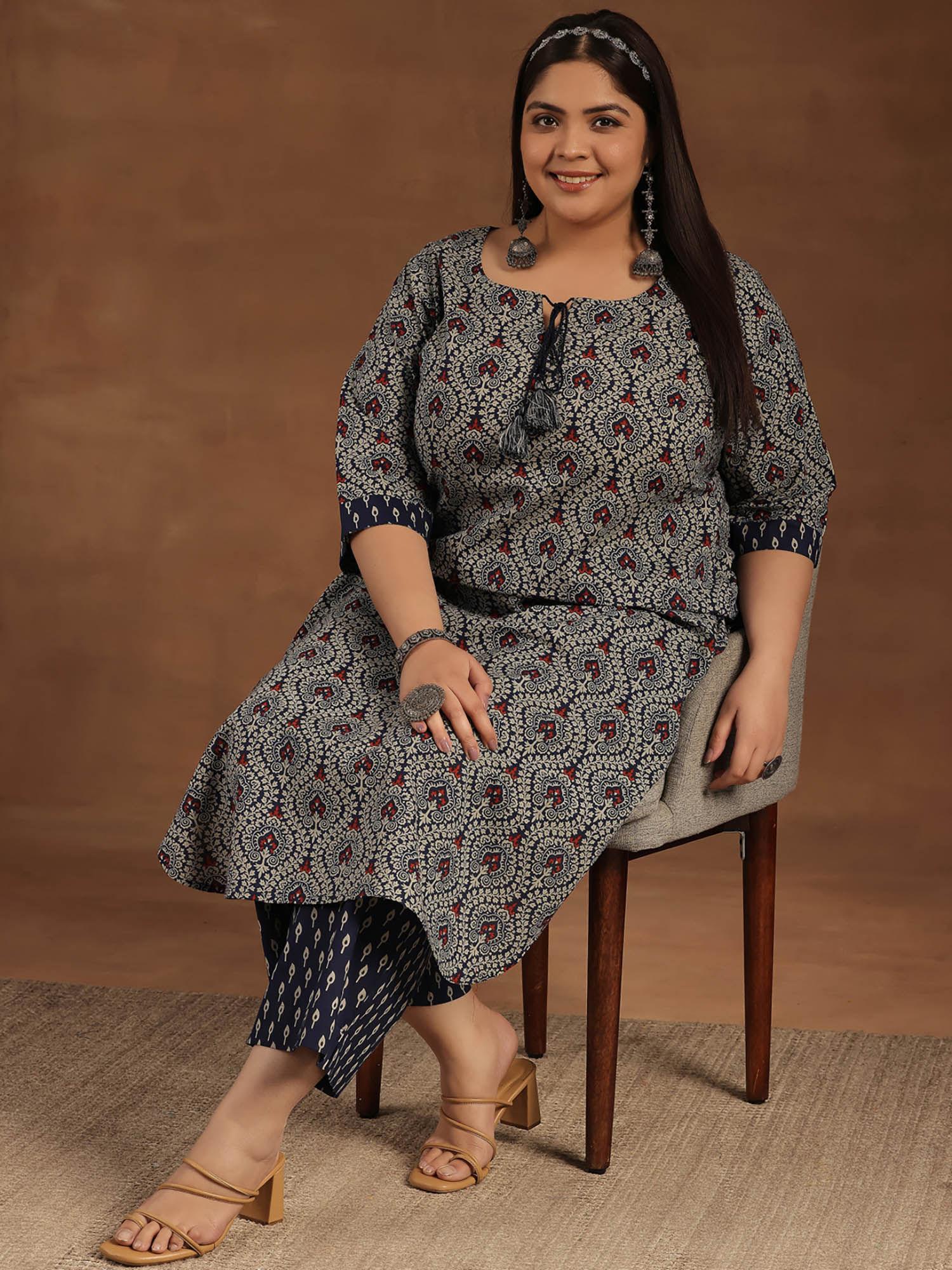 plus size blue floral printed cotton kurta with palazzo (set of 2)