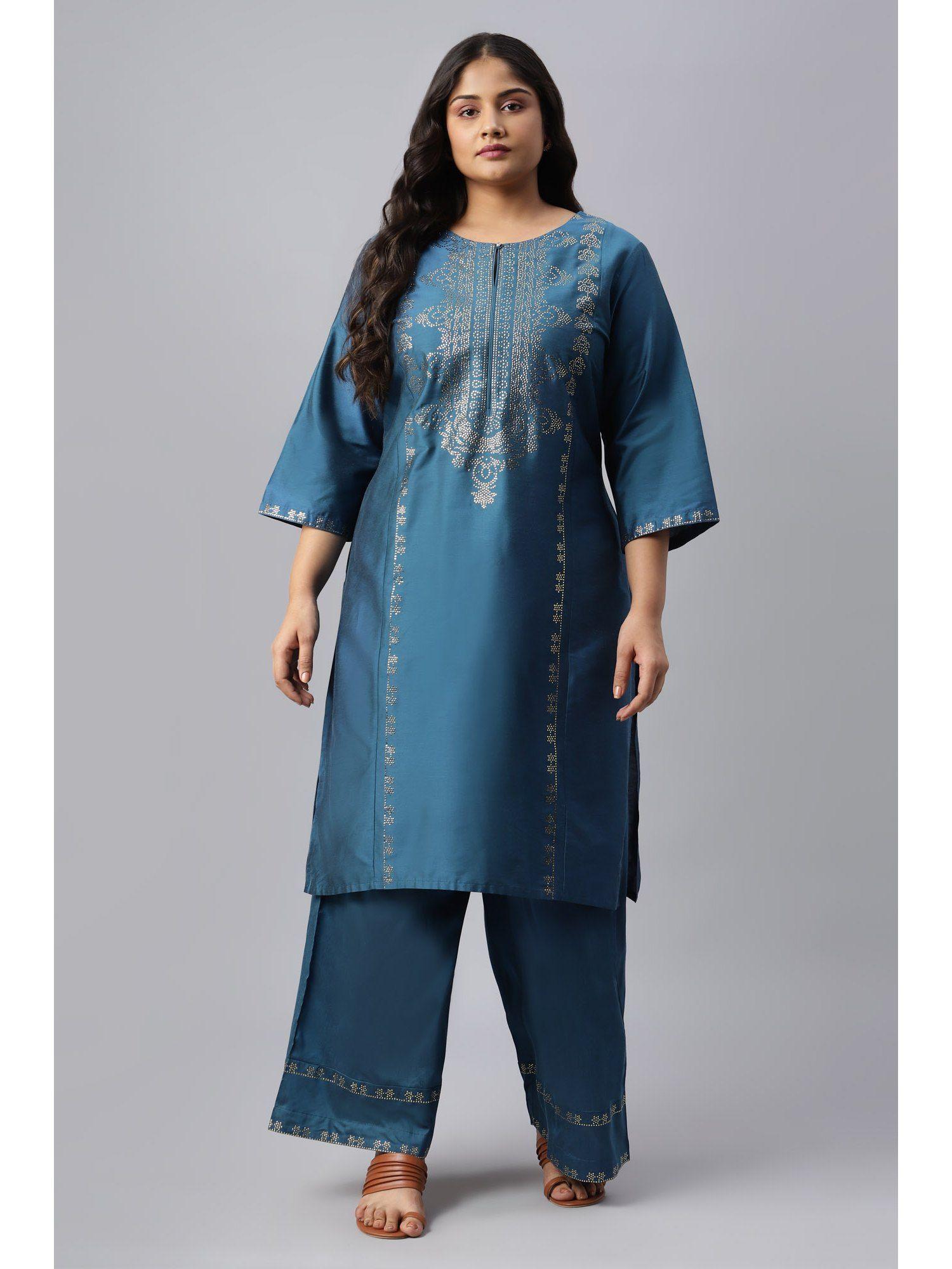 plus size blue mukaish placement embellished sequined kurta