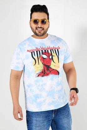 plus size character print blended crew neck men's t-shirt - blue