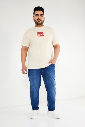 plus size character print cotton crew neck men's t-shirt - natural