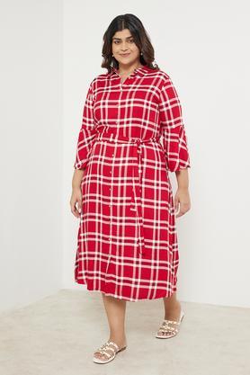 plus size checks collar neck viscose women's midi dress - red