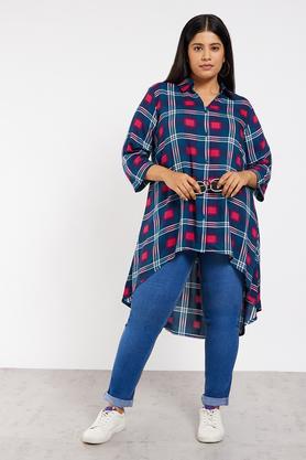 plus size checks regular fit rayon women's casual wear top - teal