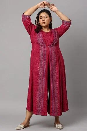 plus size dark pink mock layer embellished liva eco kimono jumpsuit