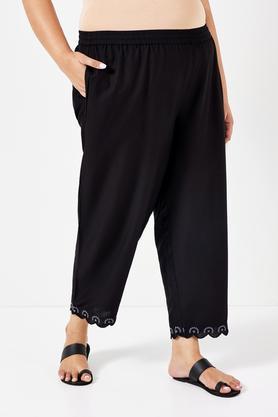 plus size embroidered ankle length rayon women's palazzos - black