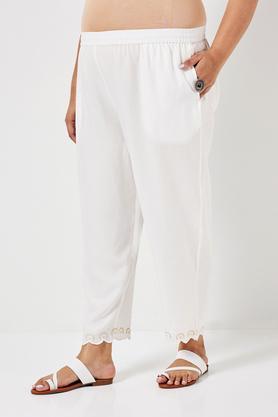 plus size embroidered ankle length rayon women's palazzos - off white