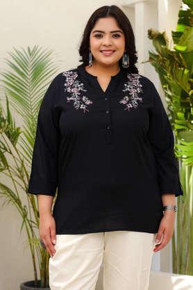 plus size embroidered modal collared women's tunic - black