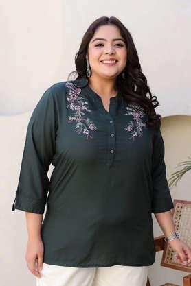 plus size embroidered modal collared women's tunic - green