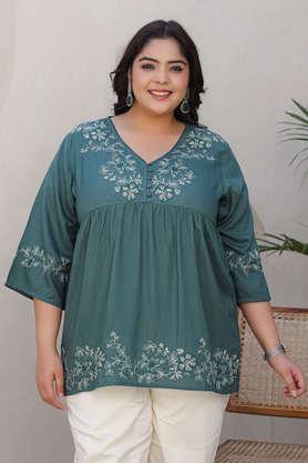 plus size embroidered modal v-neck women's tunic - green