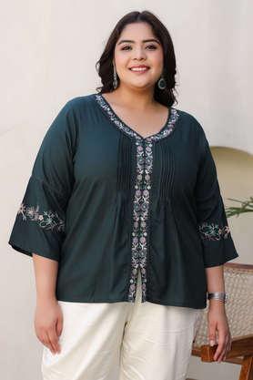 plus size embroidered modal v-neck women's tunic - green