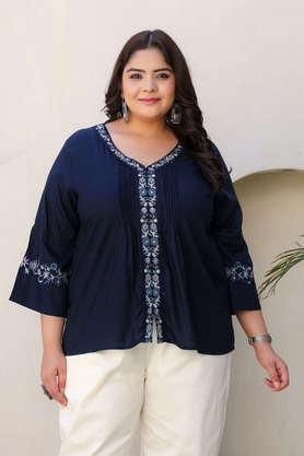 plus size embroidered modal v-neck women's tunic - navy