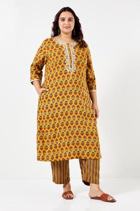 plus size embroidered rayon round neck women's casual wear kurta - mustard