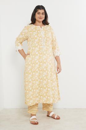 plus size embroidered rayon round neck women's casual wear kurta - mustard