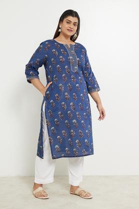 plus size embroidered rayon round neck women's casual wear kurta - navy