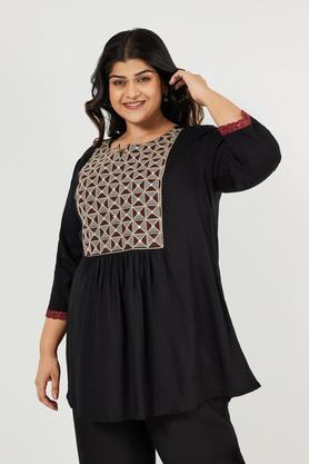 plus size embroidered rayon round neck women's casual wear kurti - black