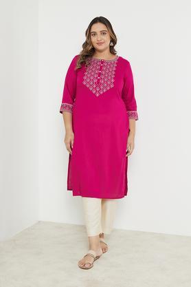 plus size embroidered rayon round neck women's festive wear kurta - fuschia