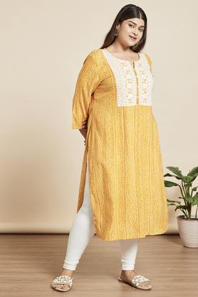 plus size embroidered rayon round neck women's kurtas - mustard