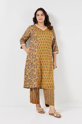 plus size embroidered rayon v-neck women's casual wear kurta - mustard