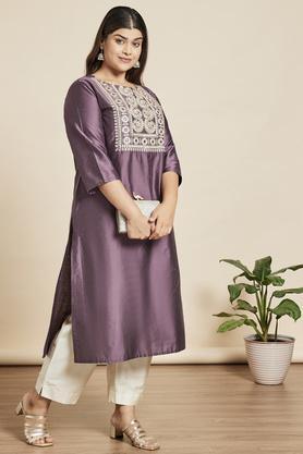 plus size embroidered viscose blend round neck women's kurtas - purple