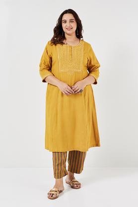 plus size embroidered viscose round neck women's casual wear kurta - mustard
