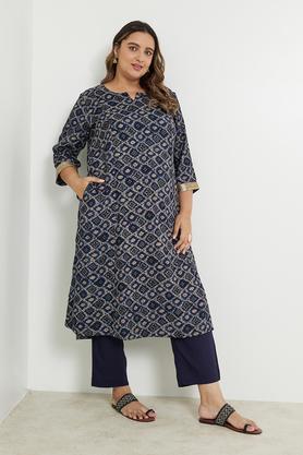 plus size embroidered viscose round neck women's casual wear kurta - navy