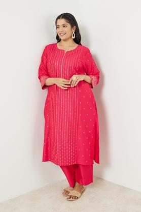 plus size embroidered viscose round neck women's festive wear kurta - fuschia