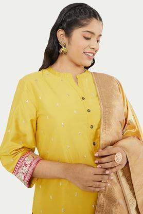 plus size embroidered viscose woven women's kurta set - mustard
