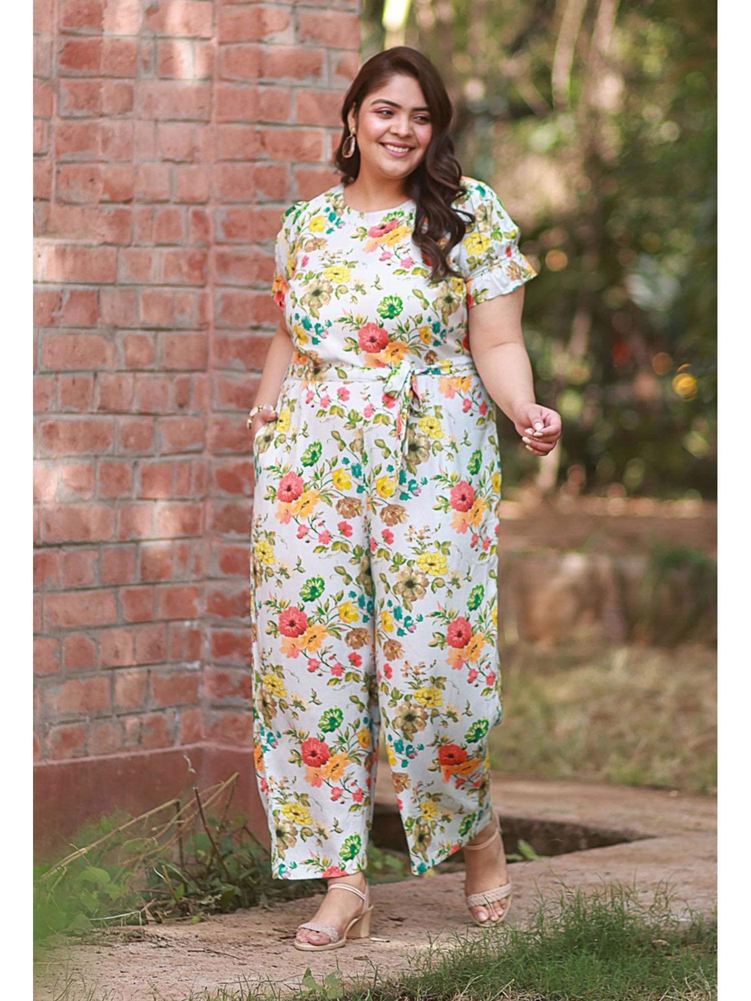 plus size floral printed basic jumpsuit (set of 2)