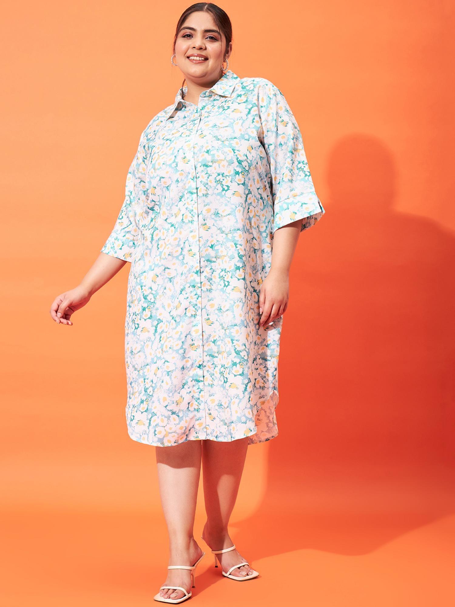 plus size floral printed shirt collar linen shirt style midi dress - white