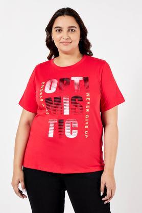 plus size graphic print cotton round neck women's t-shirt - red