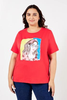 plus size graphic print cotton round neck women's t-shirt - red