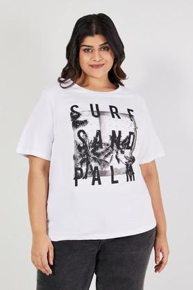 plus size graphic print cotton round neck women's t-shirt - white