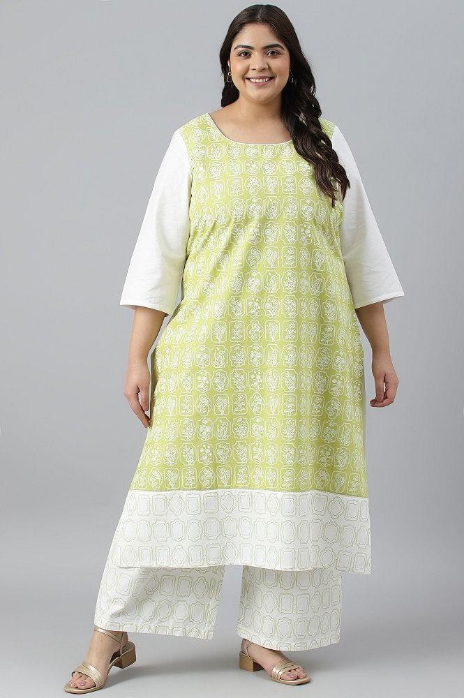 plus size green floral printed kurta with white palazzo