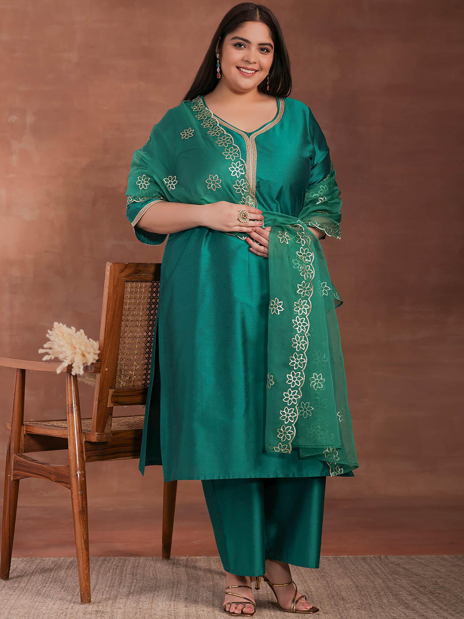 plus size green kurta with trouser & dupatta (set of 3)